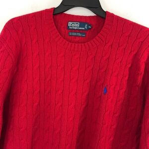 Polo Ralph Lauren Men's XL Red Cable Knit Merino Wool Angora Sweater Crewneck